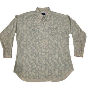 Vintage Floral Checkered Pearl Snap Western Shirt 18.5 34 Sage Green